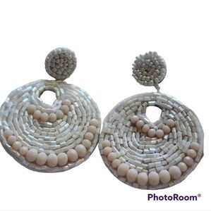 Beaded Round Drop Earrings, Boho, White Beaded Earrings, Summer Earrings